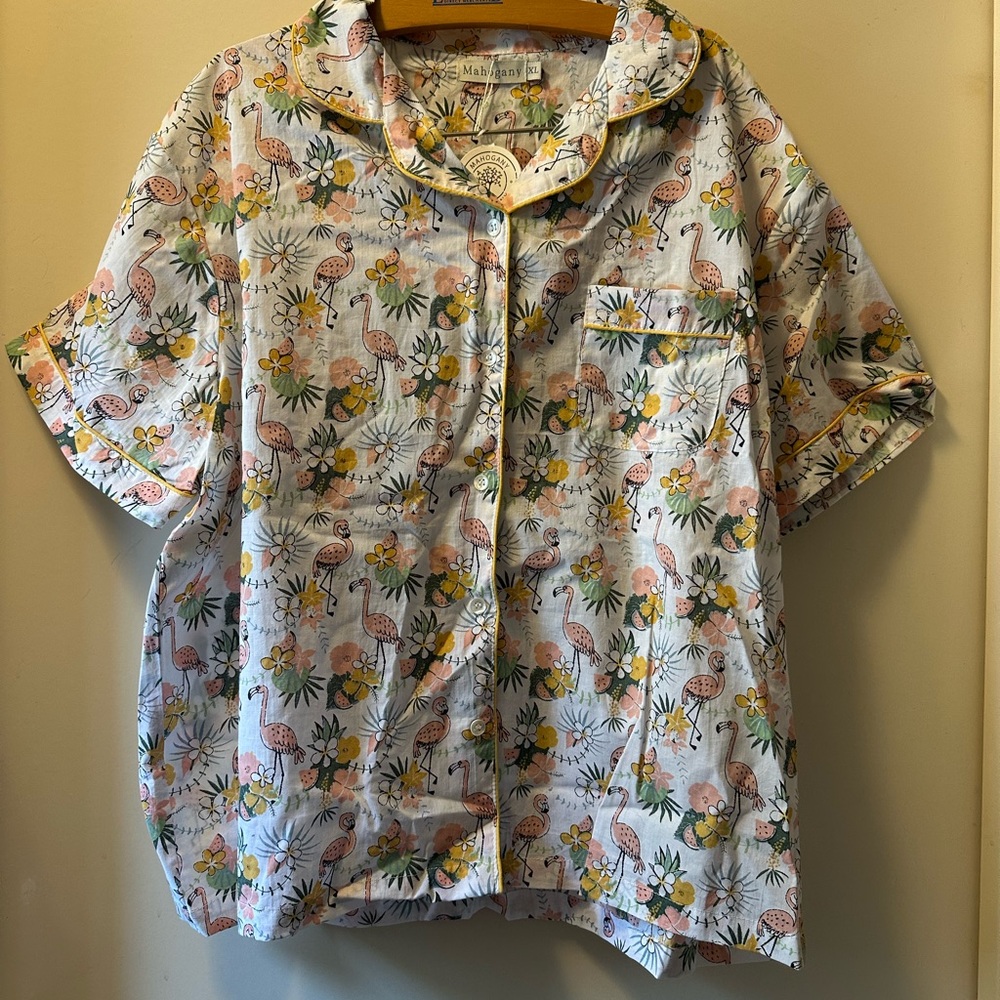 Mahogany Flamingo and Floral Print Pajama Set